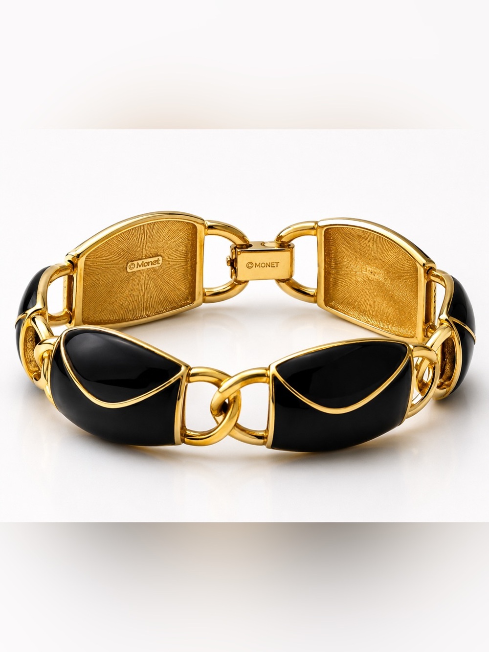 Vintage Monet Black Enamel Bracelet Gold Tone Statement Link Bracelet Signed